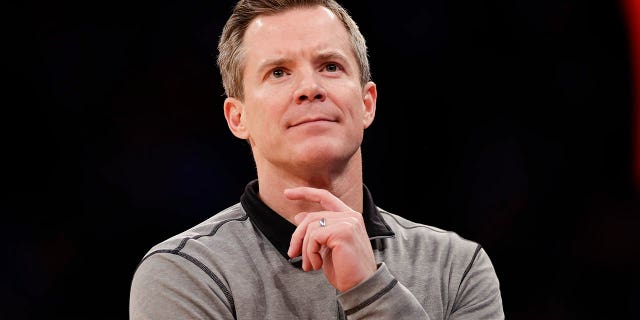 Florida Atlantic head coach Dusty May directs his team in the first half of an Elite 8 collegiate basketball game against Kansas State in the East Region Finals of the NCAA Tournament on Saturday, March 25, 2023, in New York.