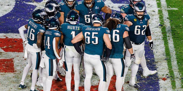 Philadelphia Eagles quarterback Jalen Hurts, #1, calls for a play in the huddle during Super Bowl LVII between the Philadelphia Eagles and the Kansas City Chiefs on Sunday, February 12, 2023 at State Farm Stadium in Glendale, Arizona.
