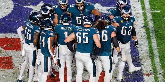 Philadelphia Eagles quarterback Jalen Hurts, #1, calls for a play in the huddle during Super Bowl LVII between the Philadelphia Eagles and the Kansas City Chiefs on Sunday, February 12, 2023 at State Farm Stadium in Glendale, Arizona.