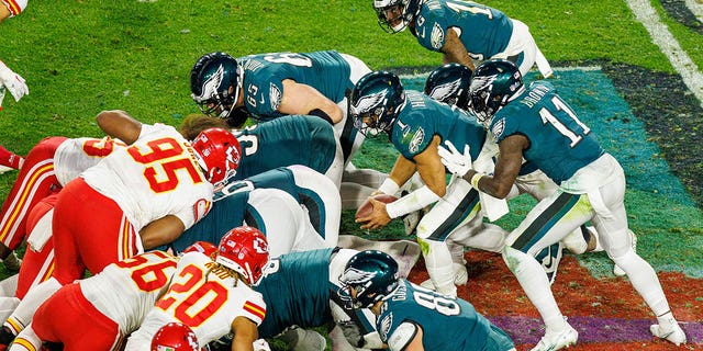 Philadelphia Eagles quarterback Jalen Hurts, #1, runs a quarterback sneak during Super Bowl LVII between the Philadelphia Eagles and the Kansas City Chiefs on Sunday, Feb. 12, 2023 at State Farm Stadium in Glendale, Arizona.