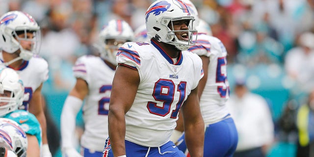 Ed Oliver #91 of the Buffalo Bills reacts after a sack against the Miami Dolphins during the first quarter at Hard Rock Stadium on November 17, 2019 in Miami, Florida.