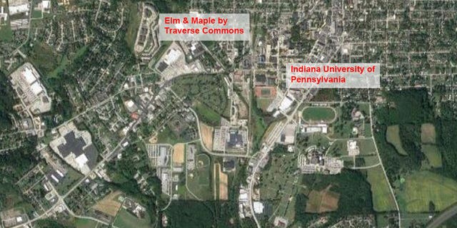 Aerial map of Elm & Maple by Traverse Commons and Indiana University of Pennsylvania.