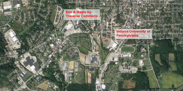 Aerial map of Elm & Maple by Traverse Commons and Indiana University of Pennsylvania.