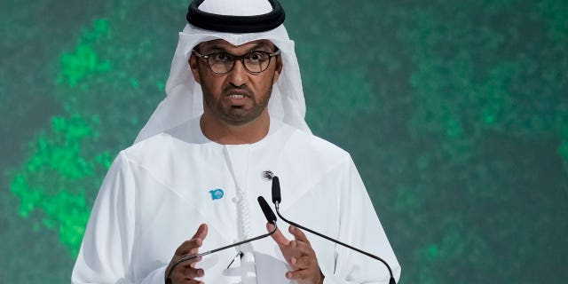 Sultan al-Jaber, the CEO of Abu Dhabi National Oil Co., talks during the World Government Summit in Dubai, United Arab Emirates, Feb 14, 2023. 