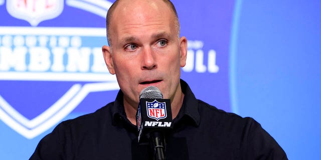 General Manager Eric DeCosta of the Baltimore Ravens speaks to the media during the NFL Combine at Lucas Oil Stadium on March 01, 2023, in Indianapolis, Indiana. 