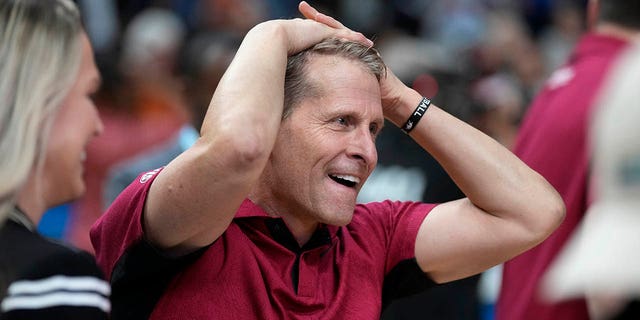 Arkansas head coach Eric Musselman reacts after a second-round game against Kansas in the NCAA Tournament, Saturday, March 18, 2023, in Des Moines, Iowa.