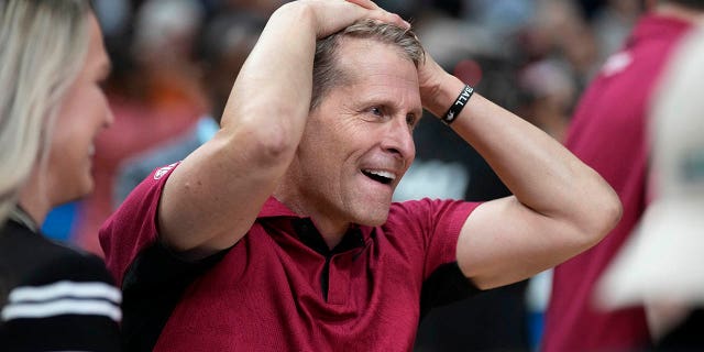 Arkansas head coach Eric Musselman reacts after a second-round game against Kansas in the NCAA Tournament, Saturday, March 18, 2023, in Des Moines, Iowa.