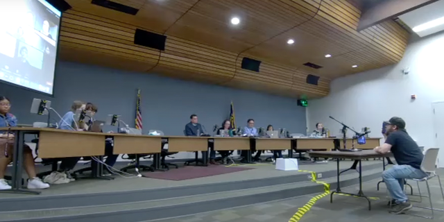 Parents push to recall Oregon school board after reports of 'disgusting' sexual games, explicit book 6 Justin McCall speaks in front of the Eugene 4J School Board about sexual assignments given to his daughter on March 16, 2023.