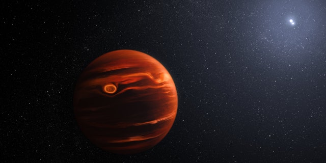 This illustration conceptualizes the swirling clouds identified by the James Webb Space Telescope in the atmosphere of exoplanet VHS 1256 b. The planet is about 40 light-years away and orbits two stars that are locked in their own tight rotation. Its clouds, which are filled with silicate dust, are constantly rising, mixing, and moving during its 22-hour day.