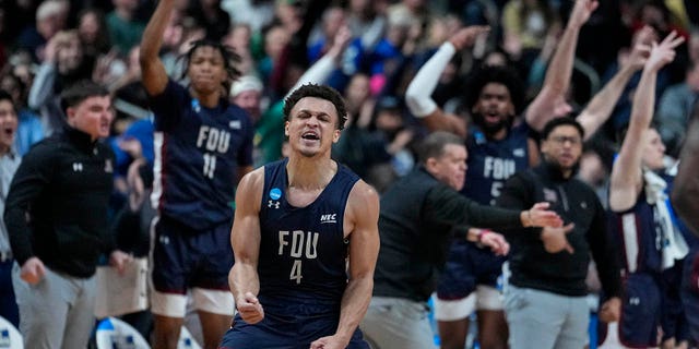 Fairleigh Dickinson guard Grant Singleton celebrates after a basket against Purdue during the NCAA Men's Tournament in Columbus, Ohio on Friday, March 17, 2023.
