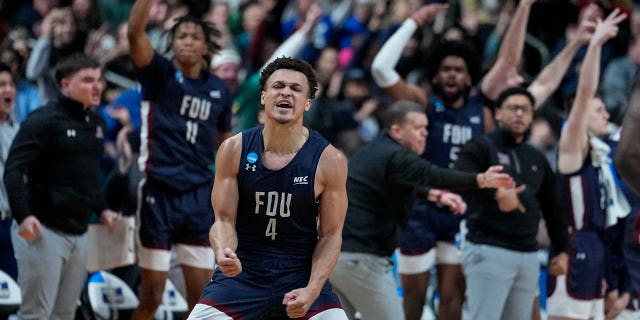 Fairleigh Dickinson guard Grant Singleton celebrates after a basket against Purdue during the NCAA Men's Tournament in Columbus, Ohio, on Friday, March 17, 2023.
