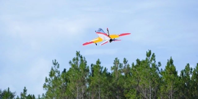 An unmanned aircraft takes flight for the first time powered by 100% synthetic jet fuel from captured carbon dioxide, at Hsu STEM Range in Laurel Hill, Florida, July 27, 2022.