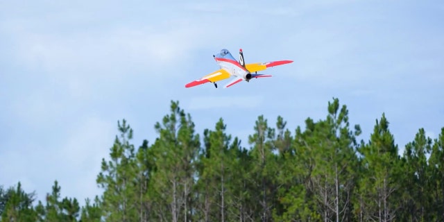 An unmanned aircraft takes flight for the first time powered by 100% synthetic jet fuel from captured carbon dioxide, at Hsu STEM Range in Laurel Hill, Florida, July 27, 2022.