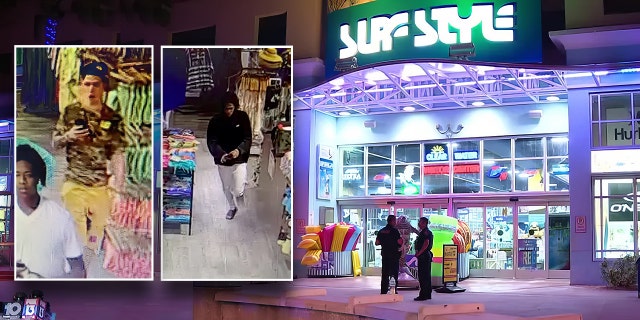 Persons of interest photos on top of a look outside the surf shop where police say a fight escalated into a deadly shooting in Clearwater, Florida, over spring break.