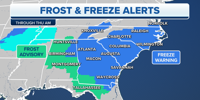 Frost and freeze alerts across the eastern U.S.