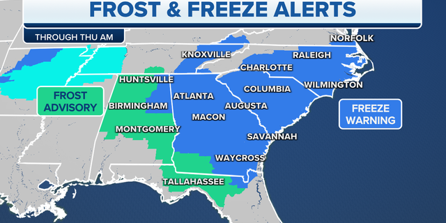 Frost and freeze alerts across the eastern U.S.