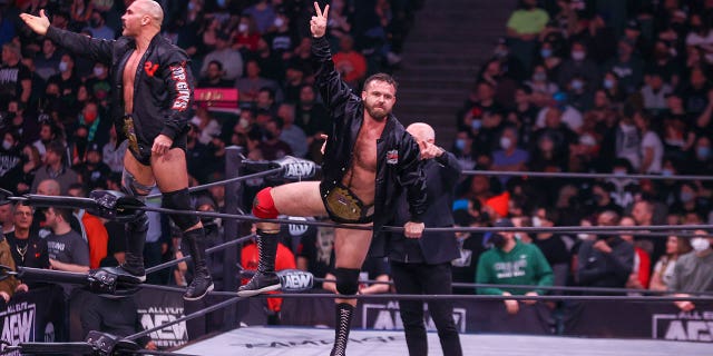 Dax Harwood and Cash Wheeler introduce themselves before their match during the taping of AEW Dynamite - Beach Break on January 26, 2022, at the Wolstein Center in Cleveland, OH.