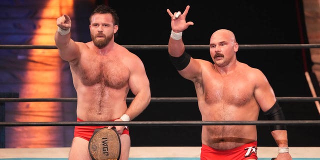 Cash Wheeler and Dax Harwood celebrate their victory during the New Japan Pro-Wrestling at Edion Arena Osaka on November 05, 2022 in Osaka, Japan.