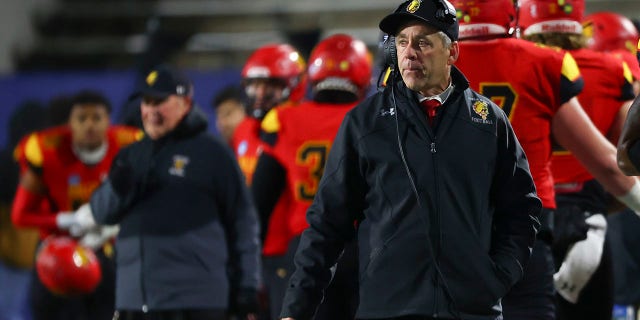 Head coach Tony Annese of the Ferris State Bulldogs against the Valdosta State Blazers during the Division II football championship at McKinney ISD Stadium Dec. 18, 2021, in McKinney, Texas.