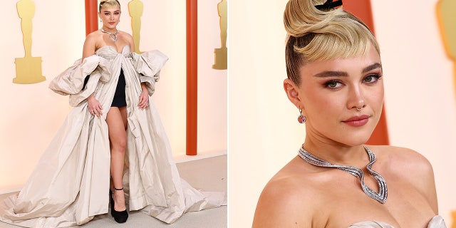 Florence Pugh wore a strapless Valentino gown with a black skirt.