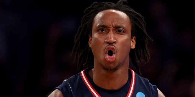 Michael Forrest #11 of the Florida Atlantic Owls celebrates a basket against the Tennessee Volunteers during the second half in the Sweet 16 round game of the NCAA Men's Basketball Tournament at Madison Square Garden on March 23, 2023 in New York City.