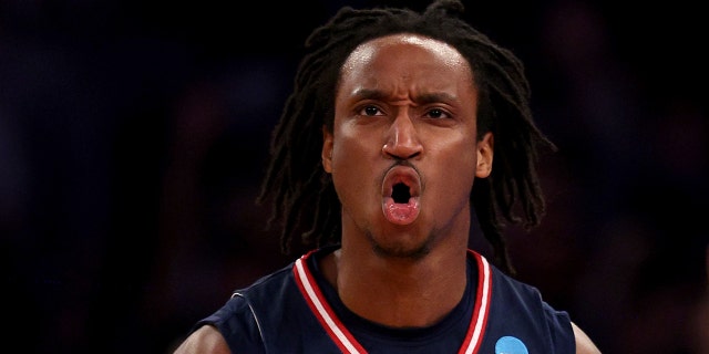 Michael Forrest #11 of the Florida Atlantic Owls celebrates a basket against the Tennessee Volunteers during the second half of a 16 round game of the NCAA Men's Basketball Tournament at Madison Square Garden on March 23, 2023 in New York City .