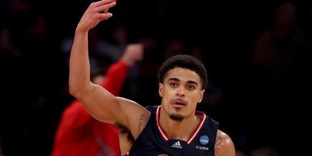 Bryan Greenlee #4 of the Florida Atlantic Owls celebrates a basket against the Tennessee Volunteers during the second half in the Sweet 16 round game of the NCAA Men's Basketball Tournament at Madison Square Garden on March 23, 2023 in New York City.