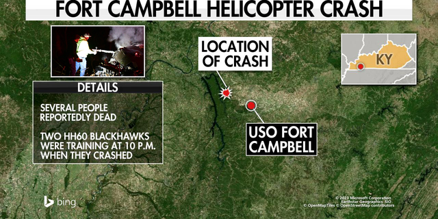 The location of the crash in proximity to Fort Campbell in Kentucky.