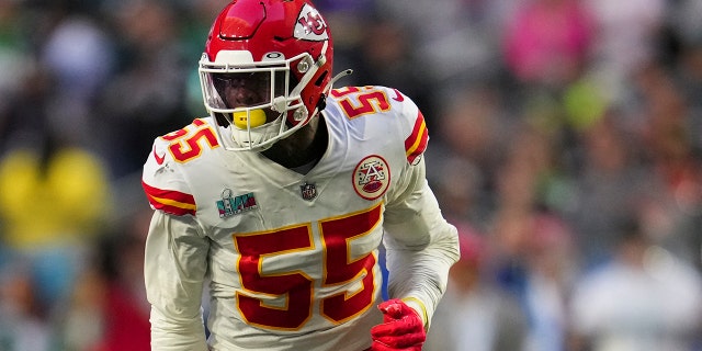 Frank Clark #55 of the Kansas City Chiefs runs against the Philadelphia Eagles after Super Bowl LVII at State Farm Stadium on February 12, 2023 in Glendale, Arizona. The Chiefs beat the Eagles 38-35.