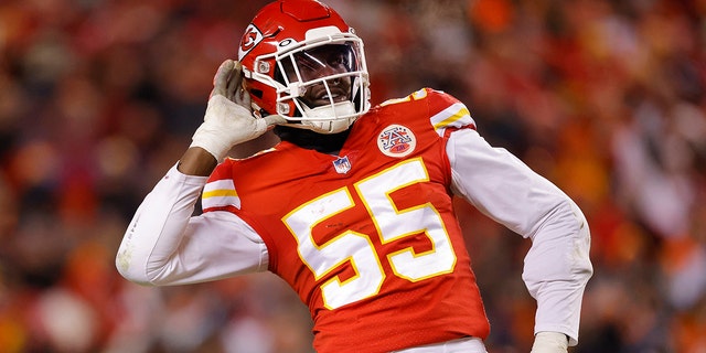 Frank Clark #55 of the Kansas City Chiefs reacts after a sack against the Cincinnati Bengals during the first quarter in the AFC Championship Game at GEHA Field at Arrowhead Stadium on January 29, 2023 in Kansas City, Missouri.