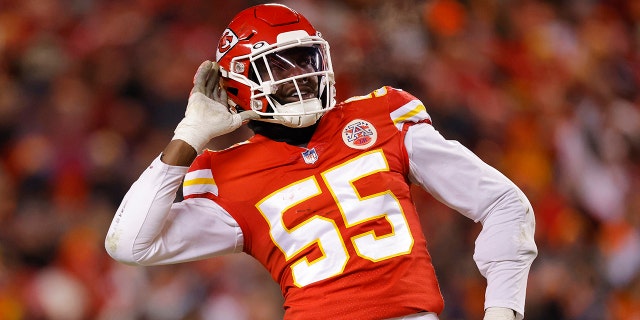 Frank Clark #55 of the Kansas City Chiefs reacts after a sack against the Cincinnati Bengals during the first quarter in the AFC Championship Game at GEHA Field at Arrowhead Stadium on January 29, 2023 in Kansas City, Missouri.