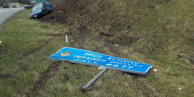 An impaired driver hit a sign that included the information on how to report impaired drivers, OSHP said on social media.