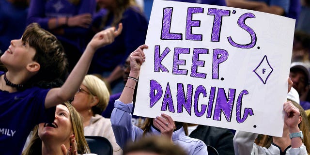 A Furman-Paladin fan holds a sign at halftime against the San Diego State Aztecs in the second round of the NCAA Men's Basketball Tournament at the Amway Center on March 18, 2023 in Orlando, Florida.