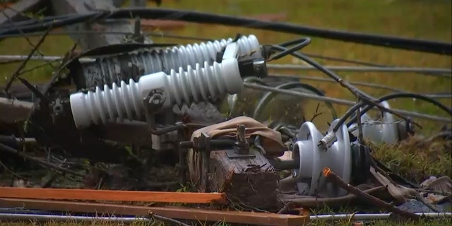 Downed power lines and other tornado debris in Troup County, Georgia.