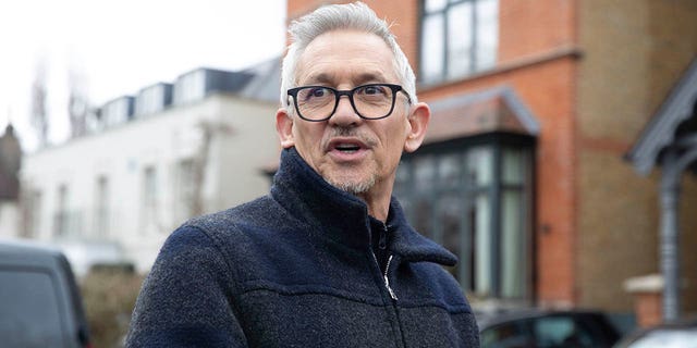 "Match of the Day" host Gary Lineker is shown outside his home in London on March 12, 2023.