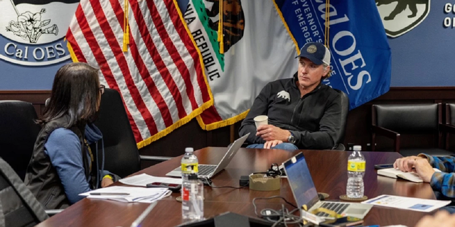 California Gov. Gavin Newsom is seen Sunday meeting with "emergency response officials" for "an update on winter storms and the state’s work to support disaster response and relief efforts," his office said.