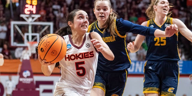 Georgia Amoore of the Virginia Tech Hokies drives the lane during the first round of the NCAA Women's Basketball Tournament held at Cassell Coliseum on March 17, 2023, in Blacksburg, Virginia.