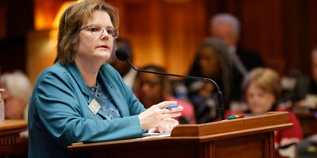 Rep. Mandi Ballinger, R-Canton, speaks in support of HB 462 in the House chambers during crossover day at the Georgia State Capitol on March 6, 2023, in Atlanta.