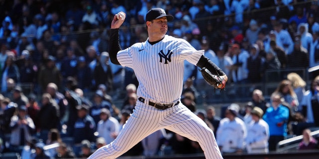 Gerrit Cole #45 throws in the first inning during the game between the San Francisco Giants and New York Yankees at Yankee Stadium on Thursday March 30, 2023 in New York, New York.