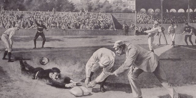 Lithographic print (by Frank O Small) shows American baseball player King Kelly (born Michael Joseph Kelly, 1857-1894) (foreground, in black) as he steals second base during a game in Boston, late 1880s or early 1890s. 
