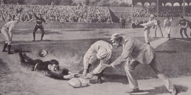 Lithographic print (by Frank O Small) shows American baseball player King Kelly (born Michael Joseph Kelly, 1857-1894) (foreground, in black) as he steals second base during a game in Boston, late 1880s or early 1890s.Â