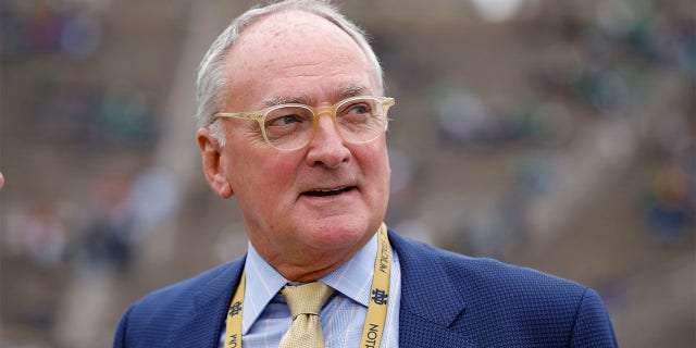 Notre Dame Fighting Irish athletic director Jack Swarbrick is seen before the game against the Ball State Cardinals at Notre Dame Stadium on September 8, 2018 in South Bend, Indiana. Notre Dame defeated Ball State 24-16.