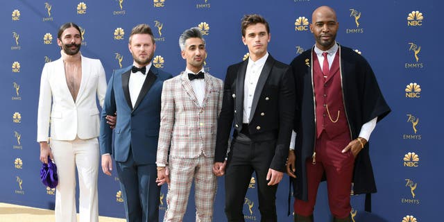 The cast from "Queer Eye," from left to right, Jonathan Van Ness, Bobby Berk, Tan France, Antoni Porowski and Karamo Brown arrives for the 70th Emmy Awards.