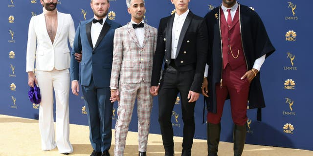 The cast from "Queer Eye," from left to right, Jonathan Van Ness, Bobby Berk, Tan France, Antoni Porowski and Karamo Brown arrives for the 70th Emmy Awards.