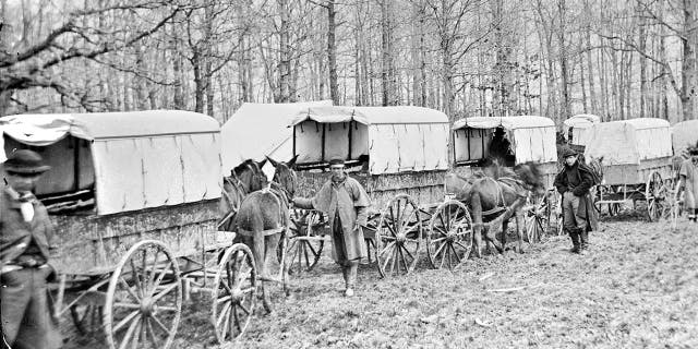 View of an ambulance train at Harewood Hospital, at City Point, Virginia, 1863, during the Civil War. The conflict led to the introduction of civilian ambulance care after the war.