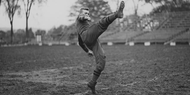 Future general and president, Dwight D. Eisenhower (1890-1969), on the football field during his time as a military cadet at West Point Academy, New York, 1912. Eisenhower (class of 1915) played football at West Point with classmate and fellow future World War II general Omar Bradley. 