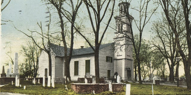 Detroit Publishing Company vintage postcard reproduction of the St. John's Episcopal Church at 2401 East Broad Street in Richmond, Virginia, 1914. From the New York Public Library. Patrick Henry delivered his famous "Give me liberty or give me death!" speech here on March 23, 1775.