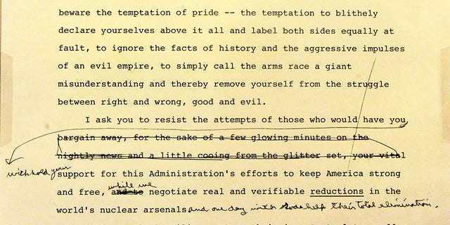 Michael Duggan of the National Archives offered a preview in 2011 of rarely displayed original documents and artifacts in recognition of the Ronald Reagan Centennial, including this three-page draft of the speech given before the National Association of Evangelicals in 1983 when Reagan first declared the Soviet Union an "evil empire."
