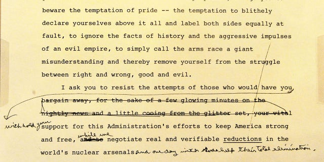 Michael Duggan of the National Archives offered a preview in 2011 of rarely displayed original documents and artifacts in recognition of the Ronald Reagan Centennial, including this three-page draft of the speech given before the National Association of Evangelicals in 1983 when Reagan first declared the Soviet Union an "evil empire."