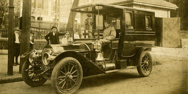 Portrait of a driver as he sits in a City Hospital Ambulance, Cincinnati, Ohio, 1910. The city was a pioneer in civilian ambulance care, reportedly introducing the first ambulances in 1866. 